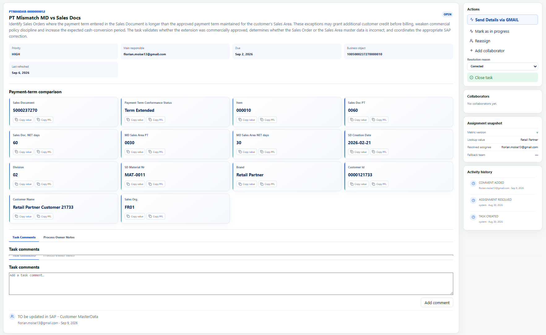 PISE task detail with business evidence, actions, collaborators and activity history
